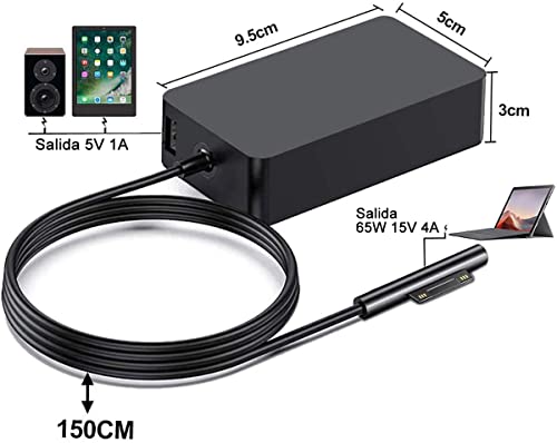 Cargador Surface Pro,65W 15V 4A Surface Cargador para Surface Pro X/Pro 9/Pro 8/Pro 7/Pro 6/Pro 5/Pro 4, Surface Laptop 5/4/3/2/1,Surface Book,Surface Go