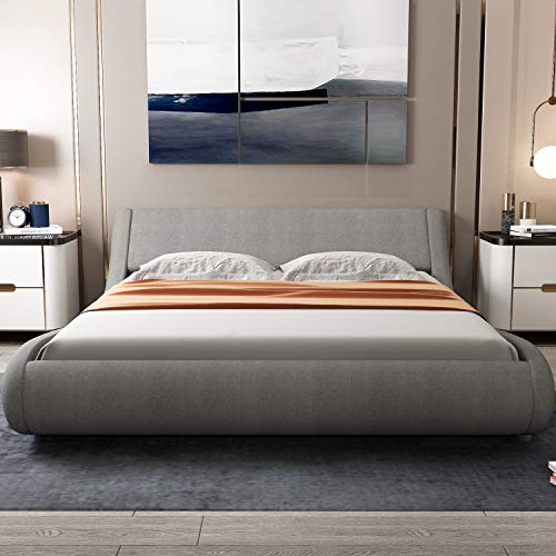 Allewie Queen Size Bed Frame With Curved Adjustable Headboard, 100% Fabric Upholstered Platform Bed, Strong Wooden Slats Support, 10-12'' Mattress Recommended, Grey #TOP2