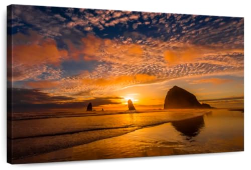 ElephantStock - Cannon Beach Sunrise Wall Art - Horizontal Canvas Wall Art - Living Room Wall Decor - Photography Nature Canvas Art - Brown And Orange Decor - 30" x 20"