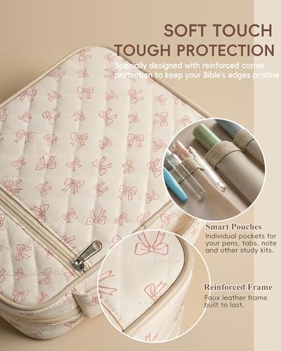 Envysun Large Bible Cover Case for Women - Quilted Bible Carrying Case Church Bag with Durable Handle & Zipper Pocket, Protective Scripture Book Cover Organizer with Bible Study Supplies Kit, Pink Bow — view 5