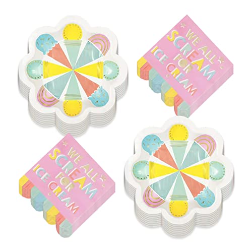 HOME & HOOPLA Ice Cream Party Pastel & Metallic Scalloped Paper Plates and We All Scream for Ice Cream Napkins (Serves 16)