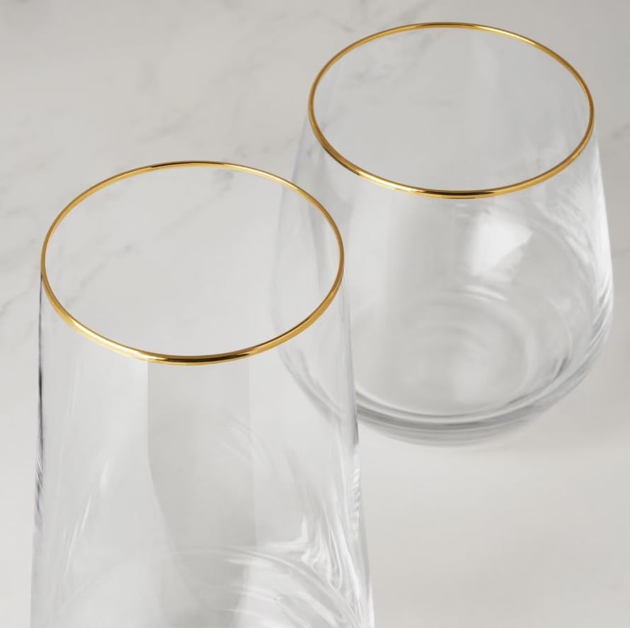 12-Piece Modern Gold Rim Crystal Drinkware Set, Gold