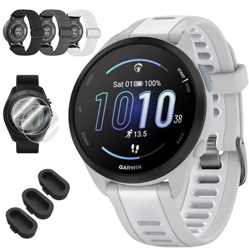 Garmin Forerunner 165 Smart Sport Watch, Mist Gray + Whitestone 010-02863-21 Bundle with Deco Essentials 3X Nylon Elastic Bands, 3X Silicone Dust Cover and 2X Screen Protector