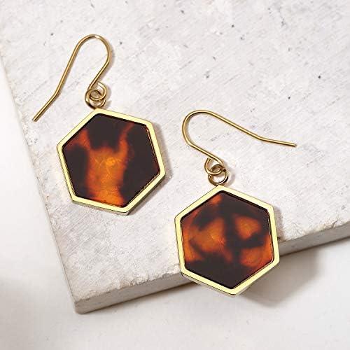 Hexagon Shaped Brown Tortoise Shell Dangle Drop Earrings For Women Gold Plated Stainless Steel