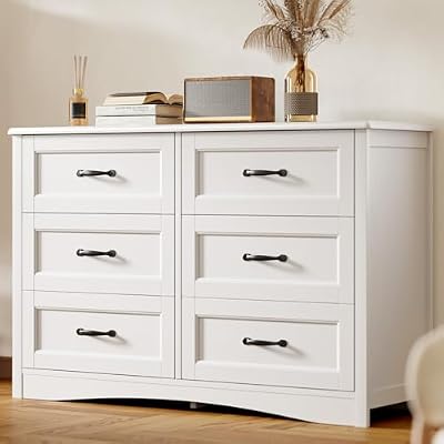 Gizoon 47" 6 Drawer Dresser, White Wide Chest of Drawers for Bedroom