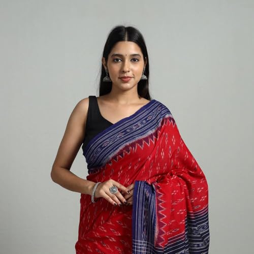Image of ODISHAHANDLOOM Sambalpuri Pure Cotton Handloom Saree, Traditional Ikat Pattern, Red and Green, Without Blouse