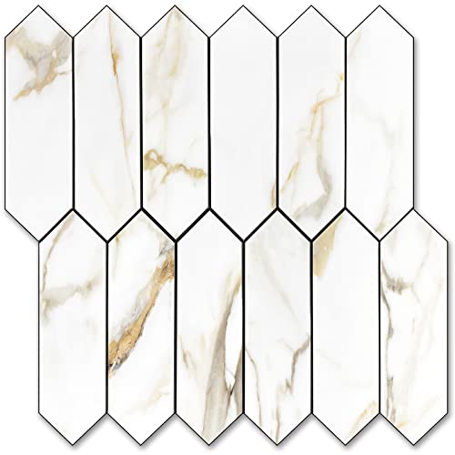 Vamos Tile Long Hexagon Tile Peel And Stick Backsplash - 12.8 X 12.8 Inch Peel And Stick Tile 10 Sheets Calacatta Gold Pvc Self Adhesive Mosaic Wall Tiles Stick On Backsplash For Kitchen And Bathroom #TOP24