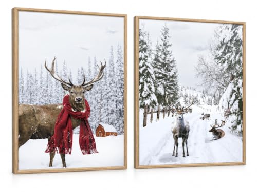 ArtbyHannah Framed Christmas Canvas Wall Art Decor, Xmas Paintings 12x16 In | 2 Pack Winter Holiday Reindeer Pictures Prints Farmhouse Snowy Landscape for Living Rooms Bedrooms Mantle Indoor Decorations