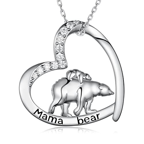 Mama Bear Sterling Silver Pendant Necklace for Women - Heart Mama Bear Jewelry