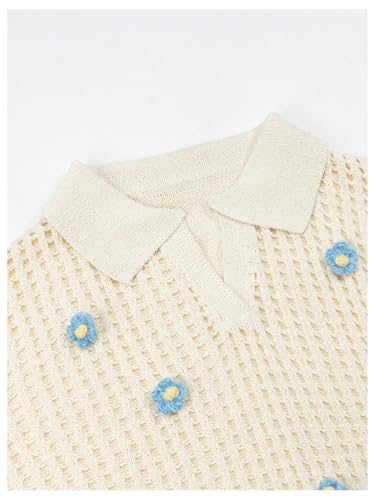 Men's Floral Appliques Crochet Tops Lapel V Neck Short Sleeve Knit Baggy Sweaters4