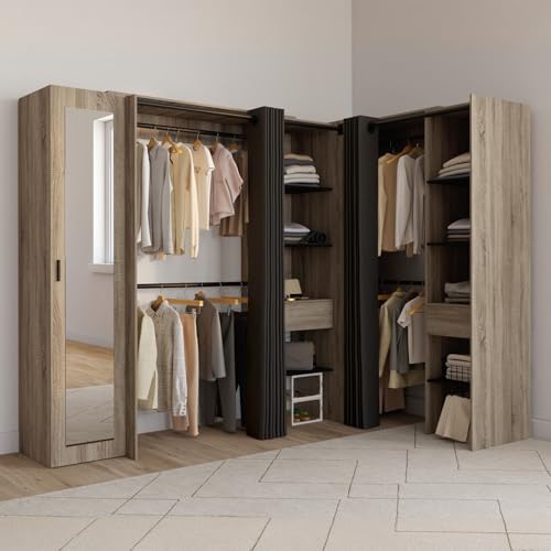 Dressing extensible d'angle MARLON 230 x 140 x 180 cm cm hêtre avec penderies + étagères + miroir + rideaux noirs - vue 2