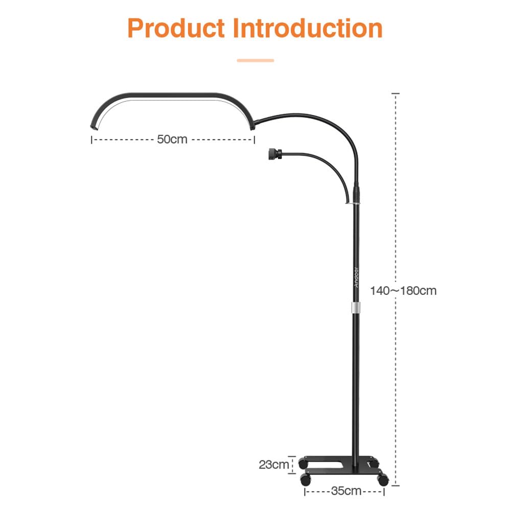Andoer Półksiężyc LED, lampa stojąca 3200 K - 5600 K, ściemniana lampa wideo LED, lampa do rzęs, linka 1,8 m, stojak na telefon, pilot zdalnego sterowania, do salonu piękności, makijażu, YouTube