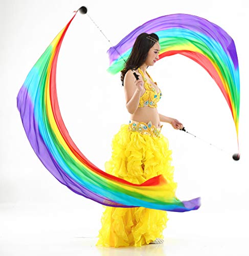 2 peças de véu de seda + 2 peças de bola de corrente Poi feminina dança do ventre Poi Streamer arrem