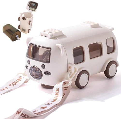 Image of PLUSPOINT Bus Water Bottle for Kids Detachable Straw Water Cup with Shoulder Strap Leak-Proof Kids Drink Cup Cute Cartoon Water Jug Toy with Wheels Toddler Water Bottle for Boys and Girls