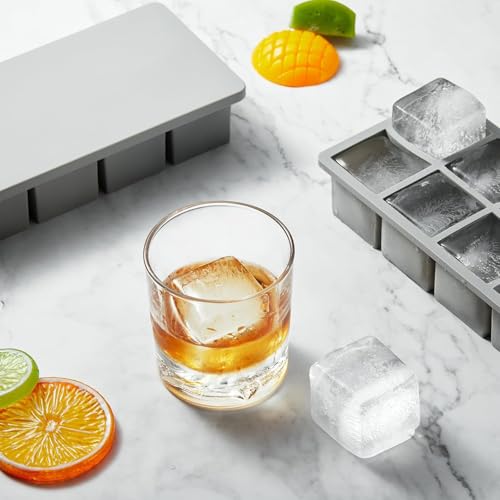 Image of Large Ice Cube Tray for Whiskey: Silicone Ice Cube Trays with Lid - 2Pack Big Square Old Fashioned Ice Cube Maker for Cocktail - 2inch Huge Cubed Ice Trays for Whisky (Grey-8 Grid)