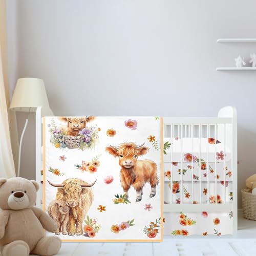 Mixweer Highland Theme Crib Bedding Set for Boys Flower Baby Nursery Mini Crib Bedding Set Comforter Sets Gender Neutral Standard Size Crib Fitted Sheet Comforter Crib Skirt for Girl