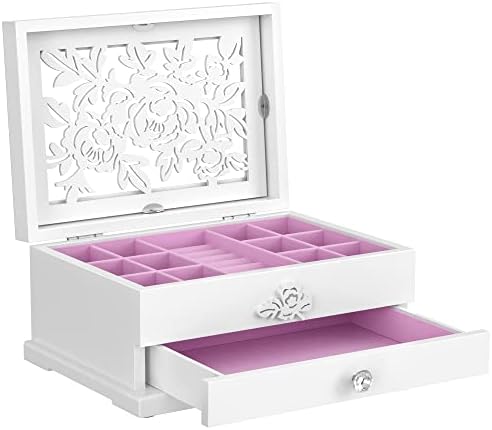 SONGMICS Jewelry Box, 2-Tier Jewelry Organizer with Flower Carvings, Drawer, Gift for Loved Ones, Kids, Jewelry Storage Case for Rings, Earrings, Necklaces, Bracelets, White UJOW201