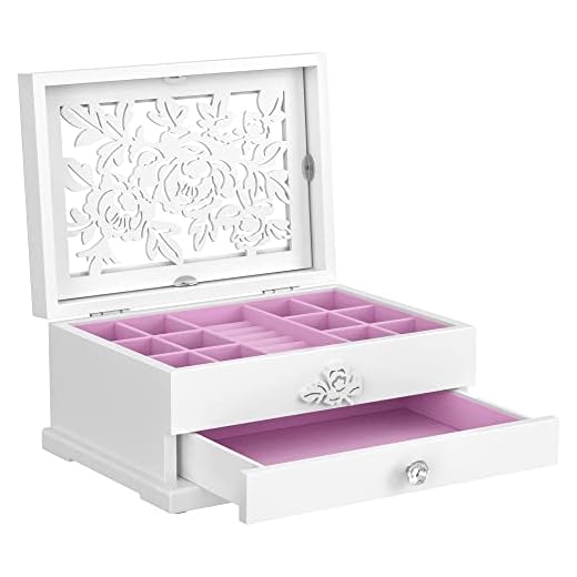 SONGMICS Jewelry Box, 2-Tier Jewelry Organizer with Flower Carvings, Drawer, Gift for Loved Ones, Kids, Jewelry Storage Case for Rings, Earrings, Necklaces, Bracelets, White UJOW201