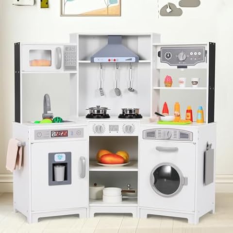 MAMIZO Corner Play Kitchen for Kids, Wooden Pretend Toy Kitchen, Large Toodler Cooking Playset w/Washer, Range Hood w/Light & Sound, Stove, Ice Maker, Cutting Board, Coffee Maker, Sink (White) Cover