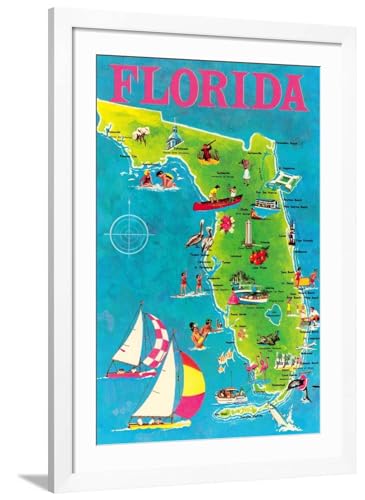 Art.com Wall Art Print Map of Florida on White Frame, 32" x 44"