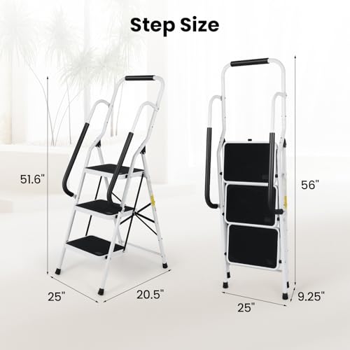 FAHKNS 3 Step Ladder with Handrails, Sturdy Steel Step Ladder 3 Step Folding, Portable Folding Step Stool with Safety Lock, 330LBS Capacity Ladders for Home Library Garage Office, White by FAHKNS - Used condition - Image 2