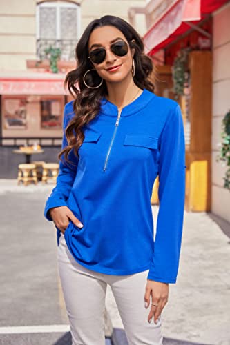 Acevog Women's Zip Front V Neck 3/4 Cuffed Sleeve Tunic Casual Flowy Soft Top Shirts Work Blouses For Women Blue #TOP3