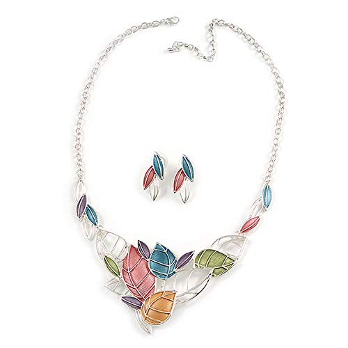 Juego de collar de hoja esmaltada mate y pendientes de tuerca de plata clara ajustables de 44cm 5