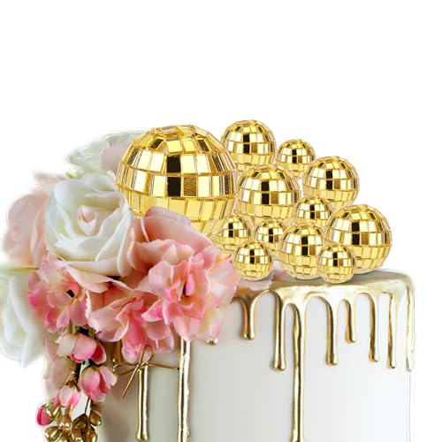 12pz Disco Ball Topper per Cupcake, 4 Dimensioni Dorato Toppers per Torta a Tema Discoteca Palla da Discoteca Torta Accessori per Dessert per Torta di Compleanno Bomboniera a Tema Anni '70