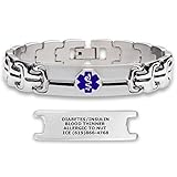Divoti Deep Custom Laser Engraved Double Ridge Link 316L Stainless Steel Medical Alert ID Bracelet for Men with Free Engraving - Blue-8.5'