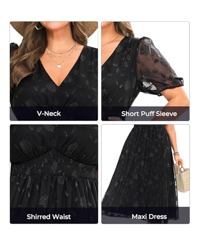 Image of Pinup Fashion Plus Size Wedding Guest Chiffon Semi Formal Maxi Dress | Chiffon, V-neckline, short sleeves, shirred waist, textured floral pattern, maxi length, versatile for all seasons