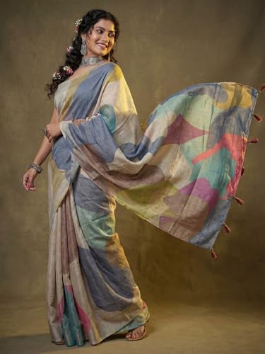 Image of AKHILAM Women's Floral Printed Handloom Cotton Silk Saree with Zari Border and Tassel Pallu Unstitched Blouse Piece | Traditional Ethnic Wear Sarees | Women saree silk | Festive Sari Women's