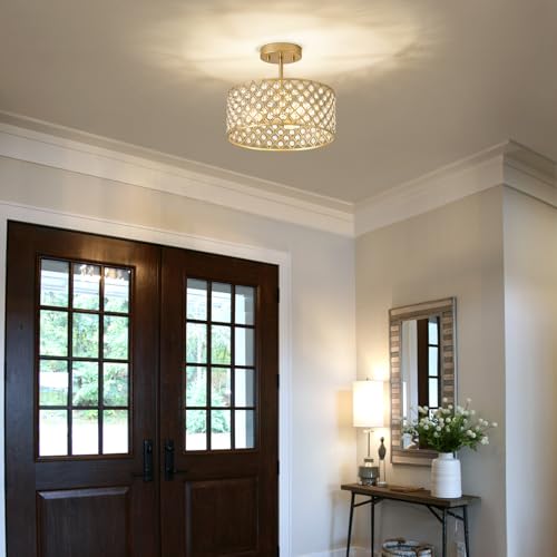 BZVESR Gold Crystal Ceiling Light Fixture,Modern Semi Flush Mount Ceiling Lighting Fixture,Round Small Chandelier for Dining Room, Hallway, Entryway, Kitchen, Bedroom,Foyer,3 Light,12 inch by BZVESR - Used condition - Image 2