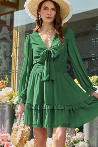Image of Dokotoo Womens Casual Spring Fall 2025 Deep V Neck Knotted Tiered Chiffon Elegant Mini Short Swing Skater Dresses