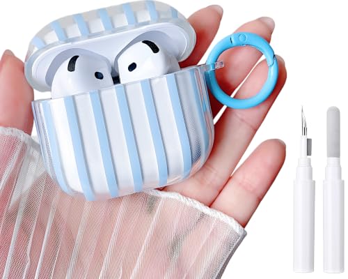 Image of MINSCOSE for AirPods 4 Case,Cute Striped Aesthetic Pattern Design with Trendy Keychain Ring,Soft TPU Protective Shockproof Cover with Cleaner Kit for Girls Women for Airpods 4-Clear Blue