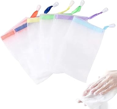 FULINJOY 6 PCS Exfoliating Mesh Soap Saver Pouch Bag Sack, Face Cleansing Foaming Nets, White Pouch with Drawstring Color Random