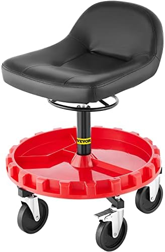 VEVOR Shop Stool, 300 LBS Rolling Garage Stool, 22” to 26” Adjustable Height Mobile Rolling Gear Seat, Round Tray Garage Pneumatic Stool, All-Terrain 5" Casters with Two Brakes Mechanic Seat