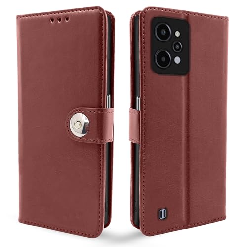 Image of Pikkme Realme C31 Flip Cover Leather Finish | Inside TPU with Card Pockets | Wallet Stand and Shock Proof | Complete Protection Button Flip Case (Brown)