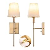Apsekoka 2-Pack Brushed Brass Hardwired Wall Sconces, Gold Vanity Light Fixtures with Beige Fabric S