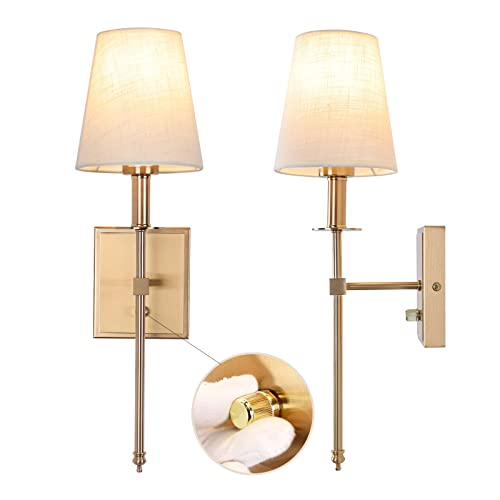 Apsekoka 2-Pack Brushed Brass Hardwired Wall Sconces, Gold Vanity Light Fixtures With Beige Fabric Shades And Rotary And Dimmable Switches #TOP11
