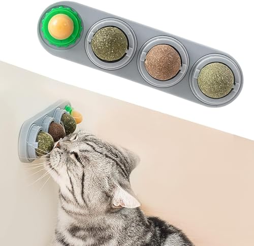 Catnip Ball for Cats Wall, 4-Pack Edible Dental Chew Toys with Silvervine, Healthy Teeth Cleaning & Licking Treats for Kittens, Safe Cat Wall Toys (Grey)