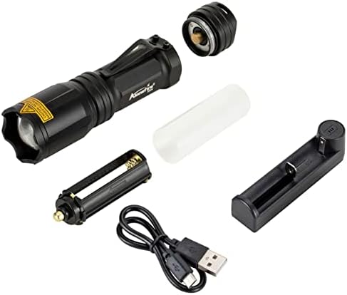 Alonefire X004 4 Color in 1 LED Tactical Torch Rechargeable Red Green Blue White Light Flashlight Waterproof Zoomable with Lithium Battery, Charger for Camping Hiking Hunting Fishing Police Adults