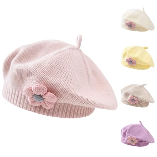 Pequeñas niñas Sombrero de Boina de Invierno cálido Beanie Cap Toddler Estilo francés Gorro de Punto del bebé Lindo Boinas de Flores (Rosa)