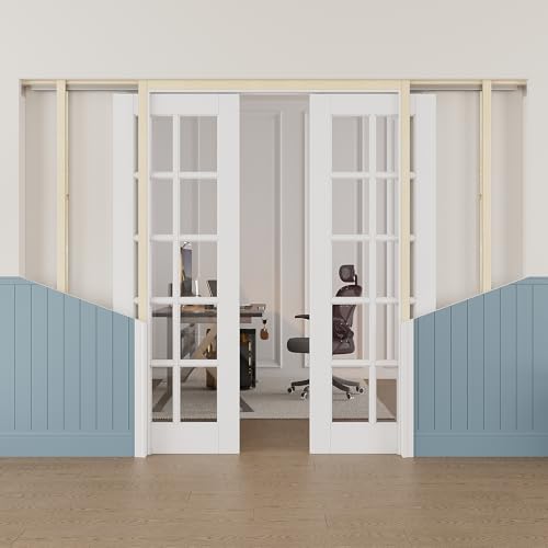 Image of 48 inch x 80 inch (Double 24 inch x 80 inch) 10-Lite Clear Glass Pocket Door, Soft-Close Sliding Pocket Door with Frame & Hardware Kit Set, Primed All-Inclusive Interior Door Slab for Home, White, Need to Assemble