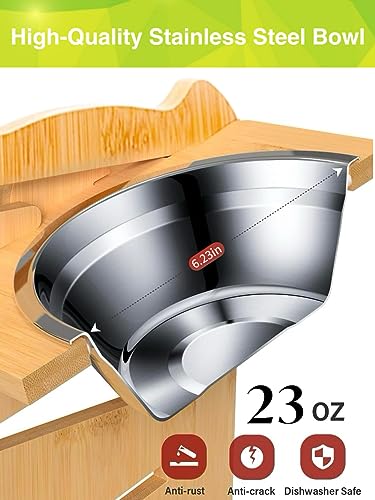 Elevated Dog Bowls Stand, Adjustable Raised Tall Dog Dishes, Tilted Bamboo Wood Dog Feeder - With 2 Stainless Food Bowls (For Small Size Pets)-Bardimies #TOP2