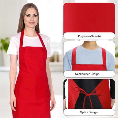EXTRAPINS 6 Stück Kochschürze Rot, Küchenschürze mit 2 Taschen, Verstellbare Schürze, Rot Schürze für Männer Frauen, Latzschürzen für Küche Kellner Friseur Barista