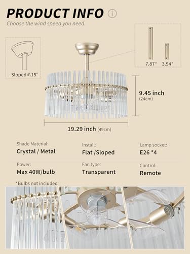 Image of SYDACG 20 inch Gold and Clear Crystal Fandelier Ceiling Fan with Light, Mid-Century Chandelier Ceiling Fan with Light Remote Control, 6 Speeds for Bedroom, Nursery, Living Room