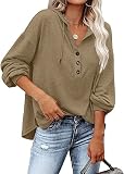 VIGVAN Kapuzenpullover Damen Hoodie Langarm V-Ausschnitt Pullover Knopfleiste Henley Sweatshirt mit Kapuze Kordelzug Oberteil (Khaki,L)