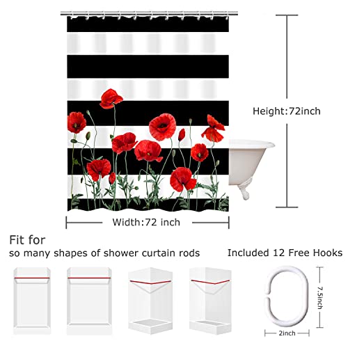 Floral Shower Curtain Flower Shower Curtain Shower Curtain Stripe Poppy Shower Curtain Black And White Striped Shower Curtains Set With Hooks Red And White Shower Curtains For Bathroom, 72" Wx72 H #TOP3