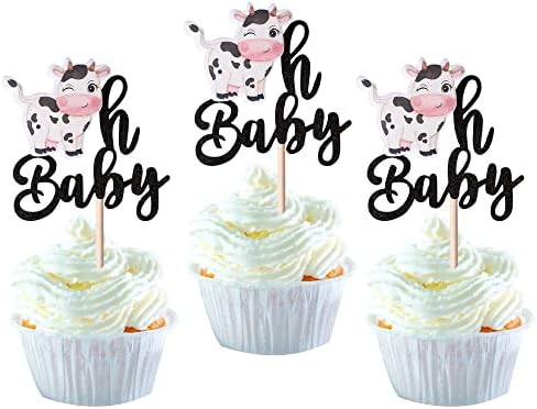 24 Pack Cow Oh Baby Cupcake Toppers Oh Baby Cupcke Picks Glitter Farm Animal Cupcake Decorations Baby Shower Kids Birthday Party Theme Cake Decorations Black