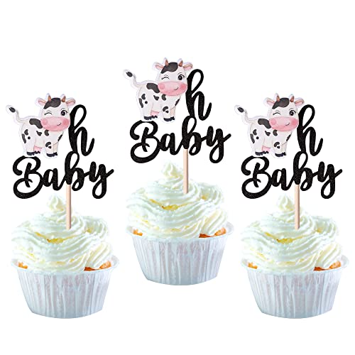 24 Pack Cow Oh Baby Cupcake Toppers Oh Baby Cupcke Picks Glitter Farm Animal Cupcake Decorations Baby Shower Kids Birthday Party Theme Cake Decorations Black #TOP18
